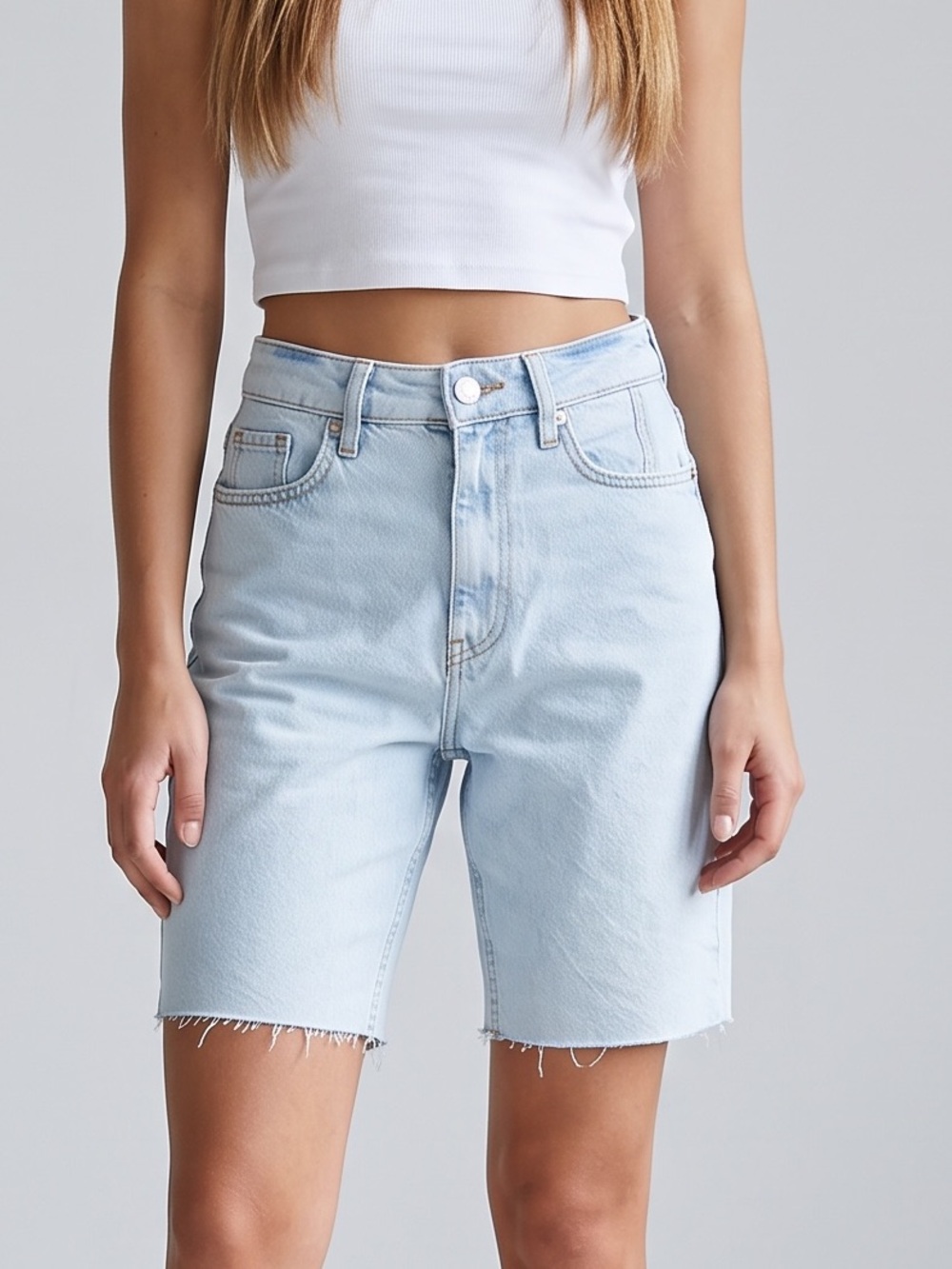 🌻NEW w/tag River Island Luxe Tinker Longline Denim Jean Short Light Blue Wash 4